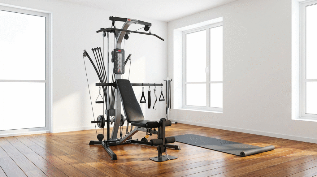 compact all-in-one home gym machine with resistance rods