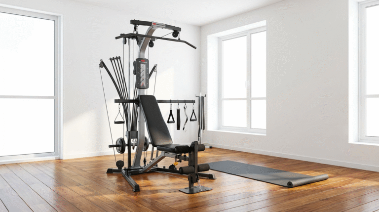 Compact all-in-one home gym cable machine setup in a bright room with hardwood floors