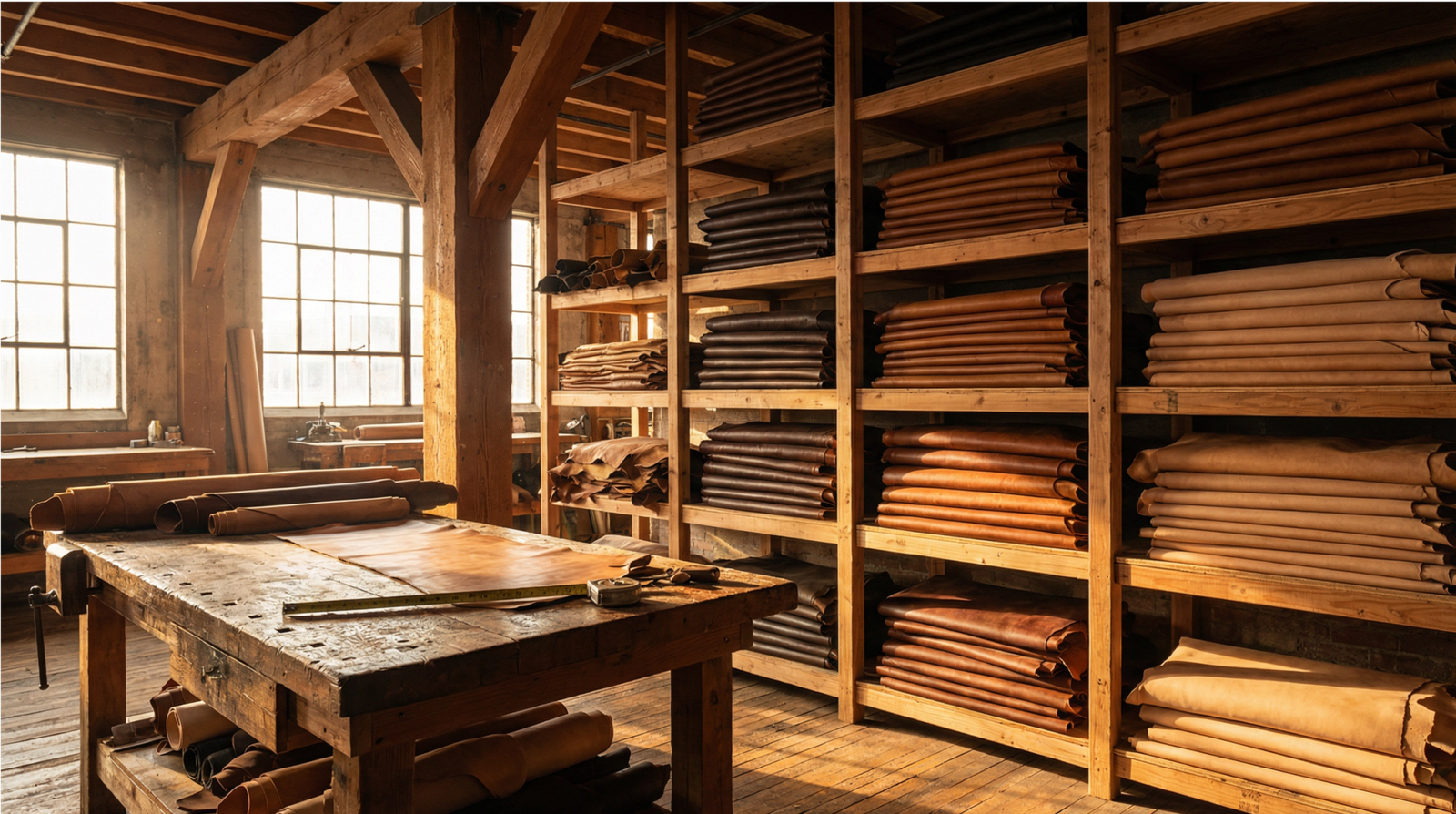Stacks of premium full-grain leather hides organized on wooden shelving in a warm sunlit warehouse representing the curated inventory at Maverick Leather Company in Bend Oregon — Maverick Leather review