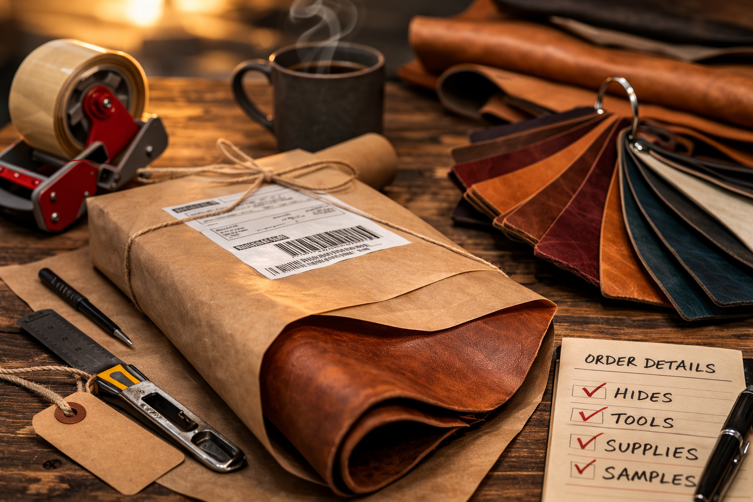 Leather order package with swatch fan and supplies on a wooden work table — American Leather Direct review