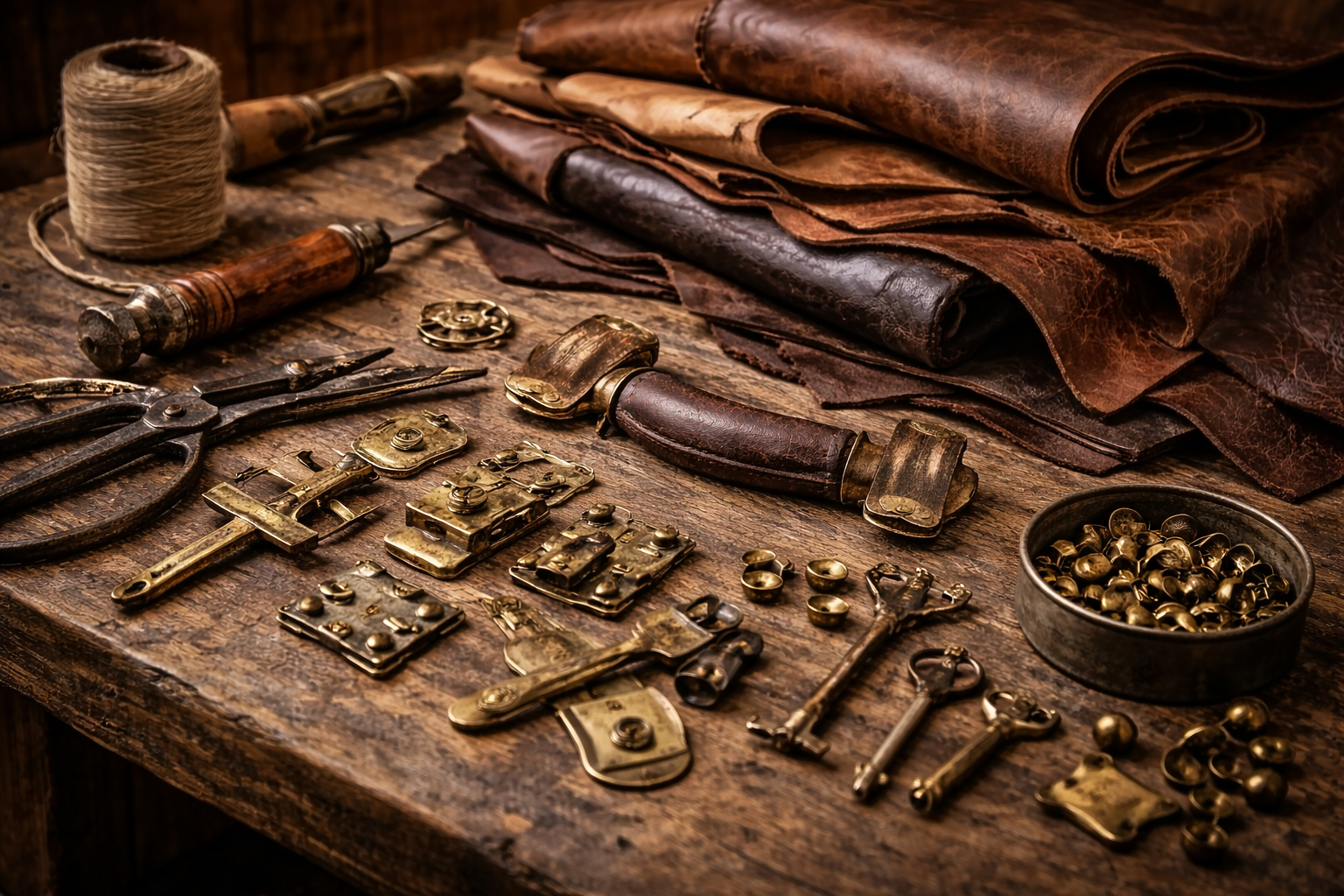 Vintage workbench with folded leather hides, brass trunk hardware, antique keys, rivets, and hand tools — Brettuns Village review