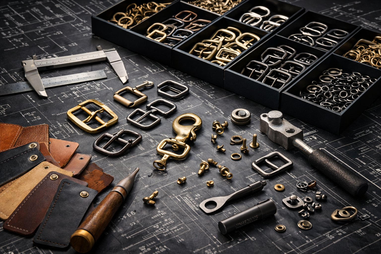 Premium Buckle Guy solid brass buckles, snaps, rivets, and D-rings displayed on a blueprint workbench — Buckle Guy review