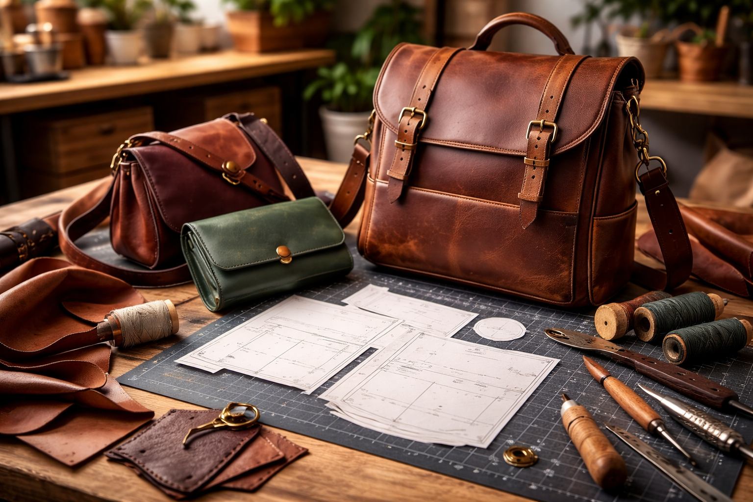 A collection of finished leather goods made from Creative Awl patterns, including a wallet, bag, and dragon figure — Creative Awl review