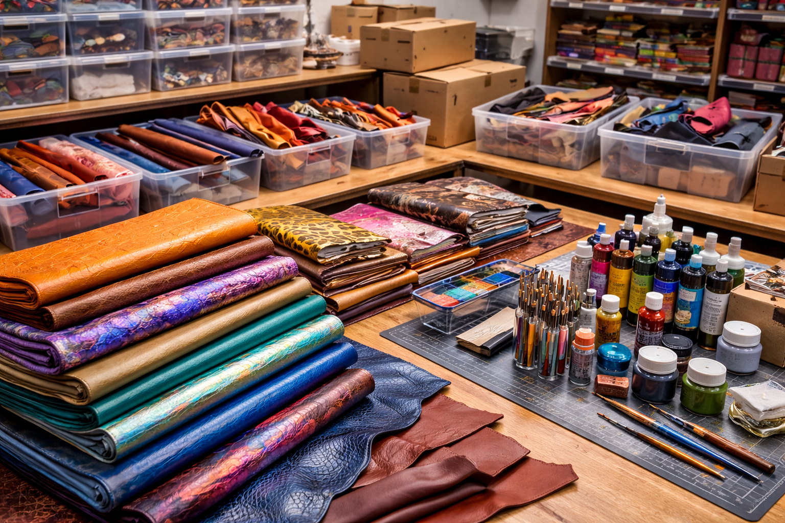 Colorful specialty leather hides and Angelus dye supplies on a workbench at Frog Jelly Leather in Arlington TX — Frog Jelly Leather review