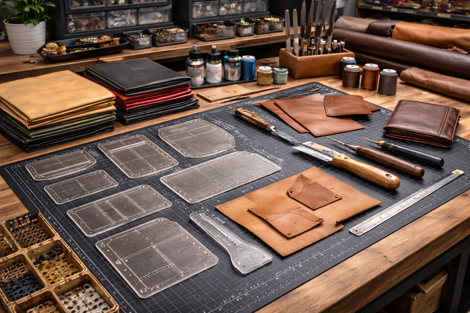Acrylic leather templates and cut leather pieces on a dark workbench at Maker's Leather Supply in Waco TX — Maker's Leather Supply review