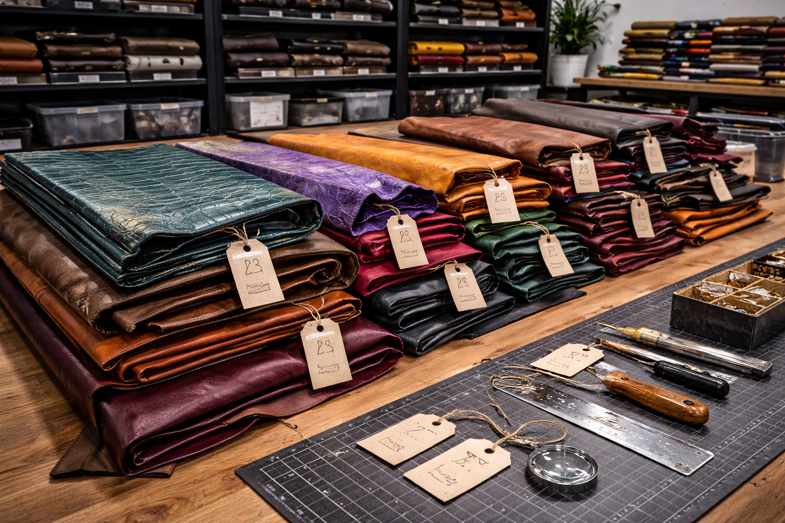 A collection of unique and rare leather hides from OA Leather Supply, showcasing a variety of colors and textures — OA Leather Supply review