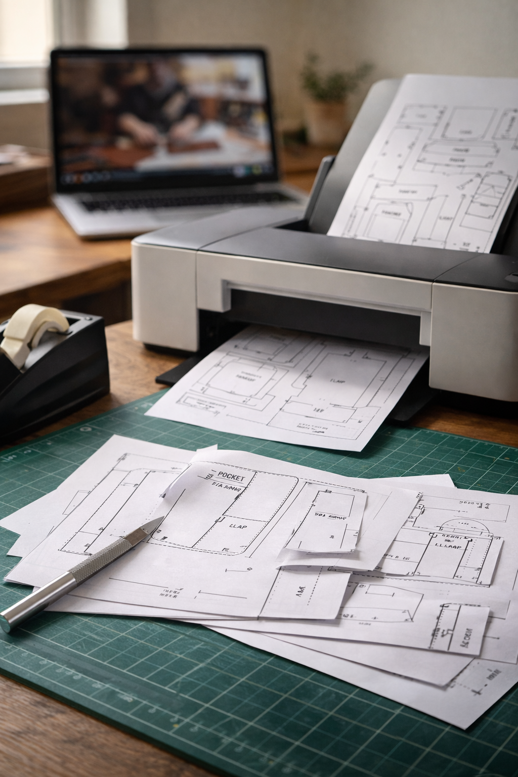 Leather pattern templates and cutting tools on a workbench — leather pattern suppliers directory