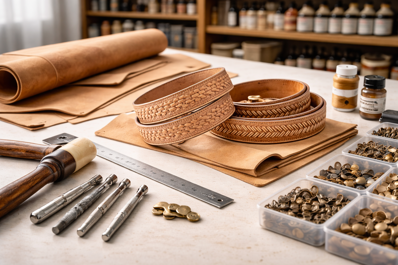 A shot of the inside of the Springfield Leather Company retail store, showing rolls of leather and shelves of supplies — Springfield Leather review