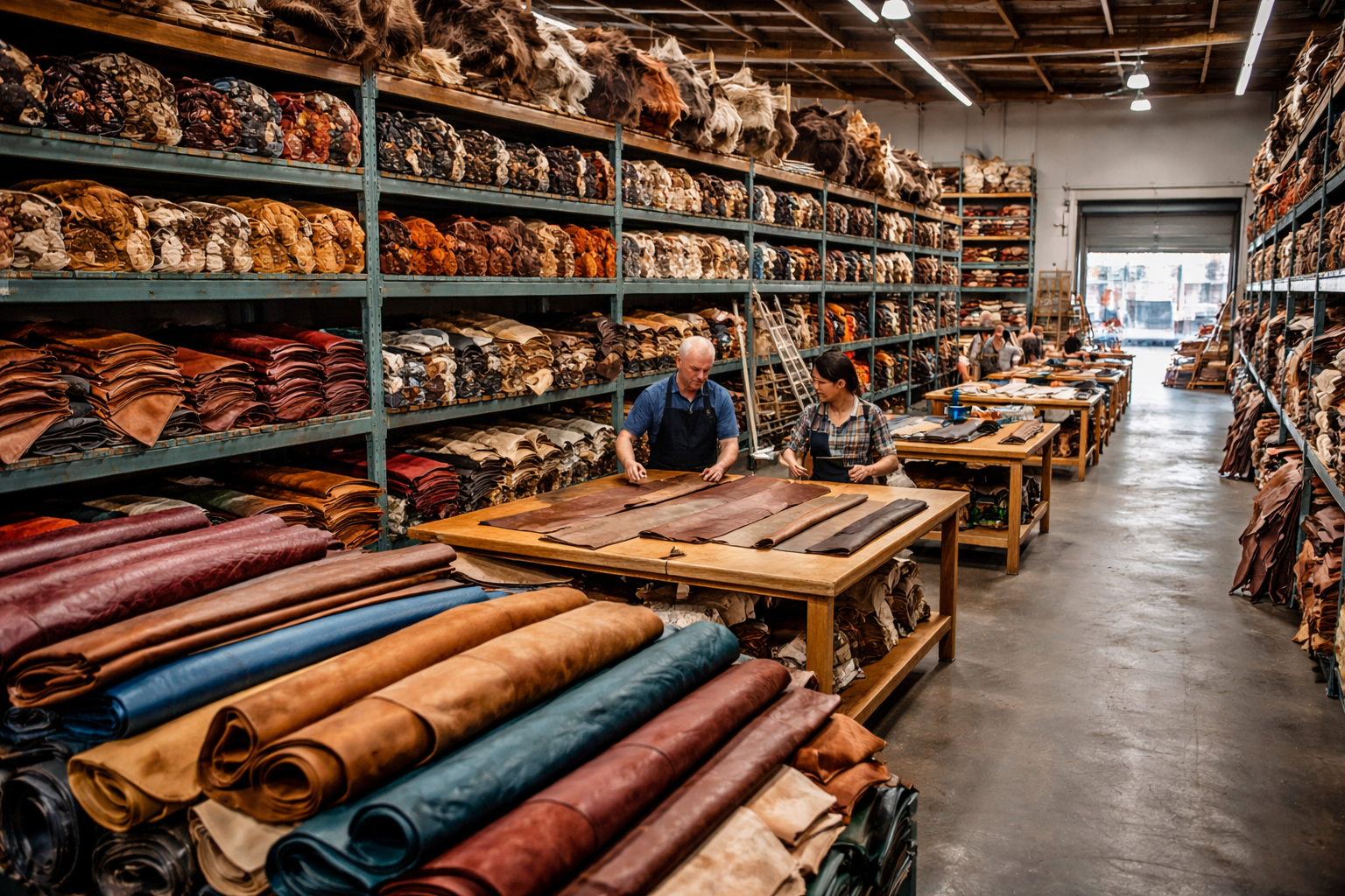 Two leatherworkers inspecting a hide on a wooden table in the vast warehouse of The Hide House in Napa, CA — the Hide House leather review