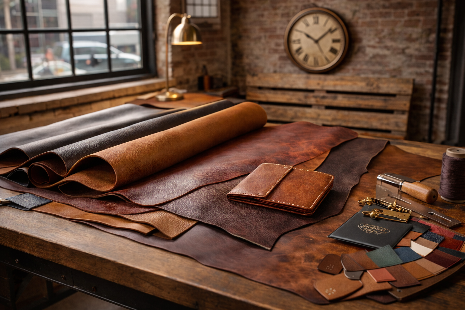 Rolled premium leather hides on a workbench with leatherworking tools - The Tannery Row review