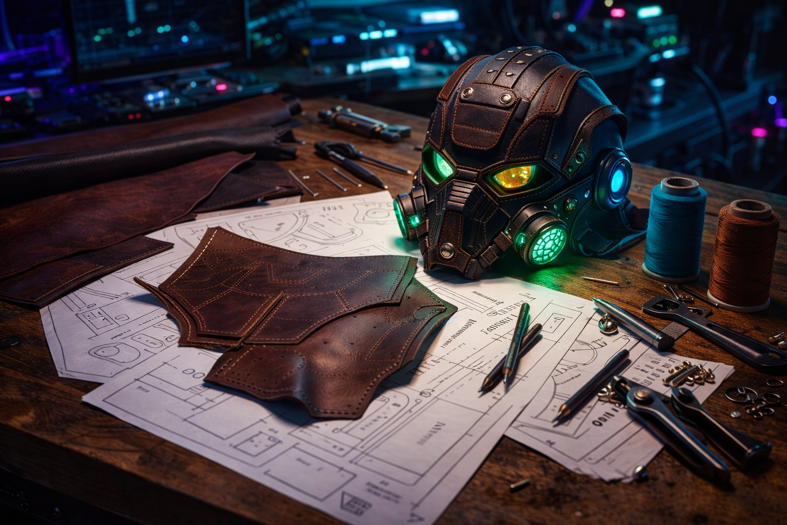 Dieselpunk leather mask and pattern blueprints on a workbench — Tony See leather patterns review