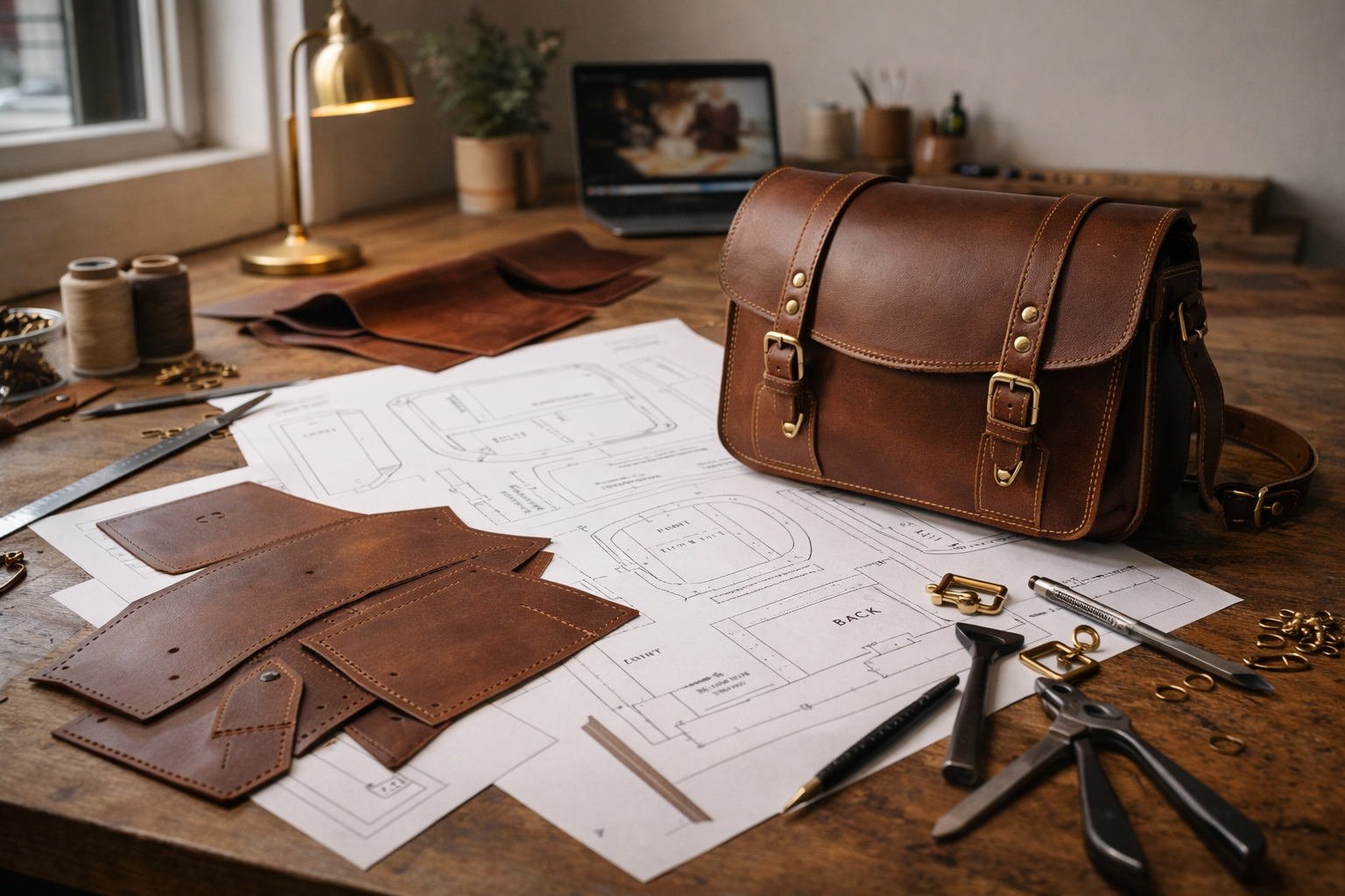 Leather bag pattern blueprints and cut panels on a workbench - Vasile and Pavel review