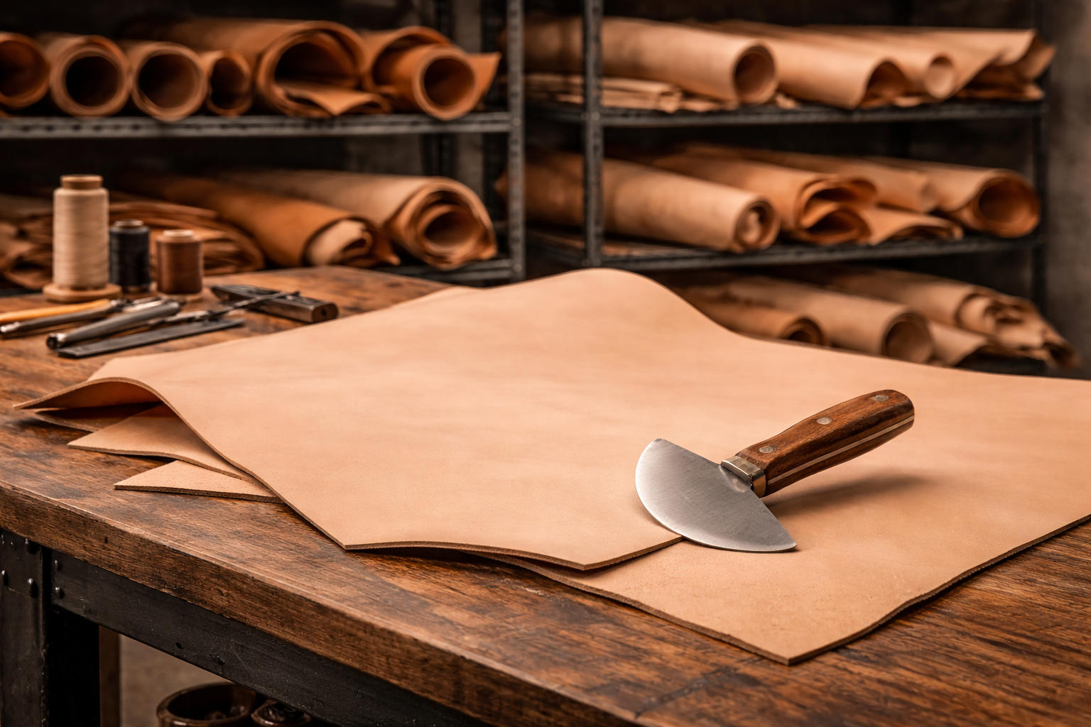 Vegetable-tanned leather hides and leatherworking tools on a workbench — veg tan leather suppliers directory