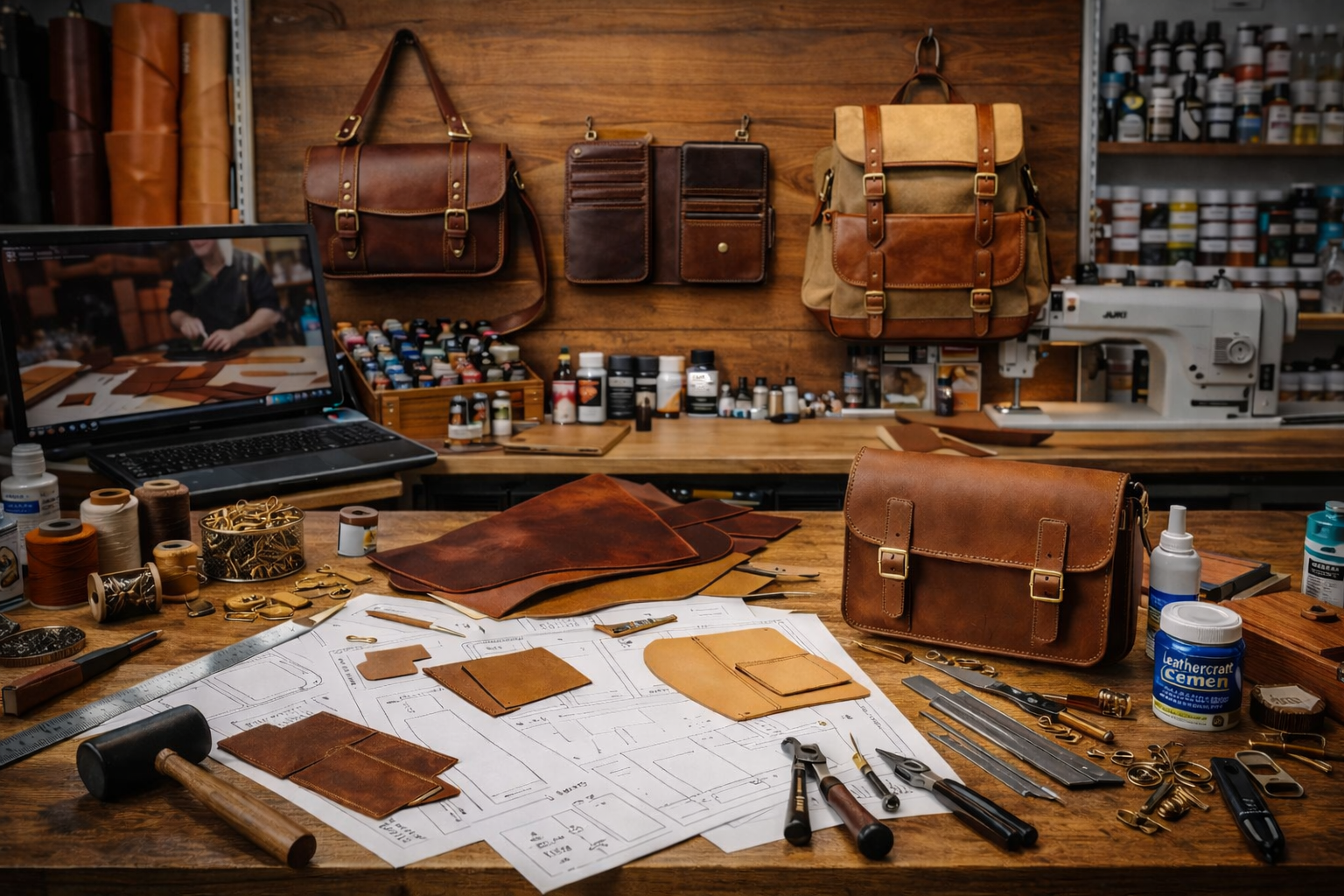 Leatherworking tools, leather bags, and craft supplies on a wooden workbench — Weaver Leather Supply review