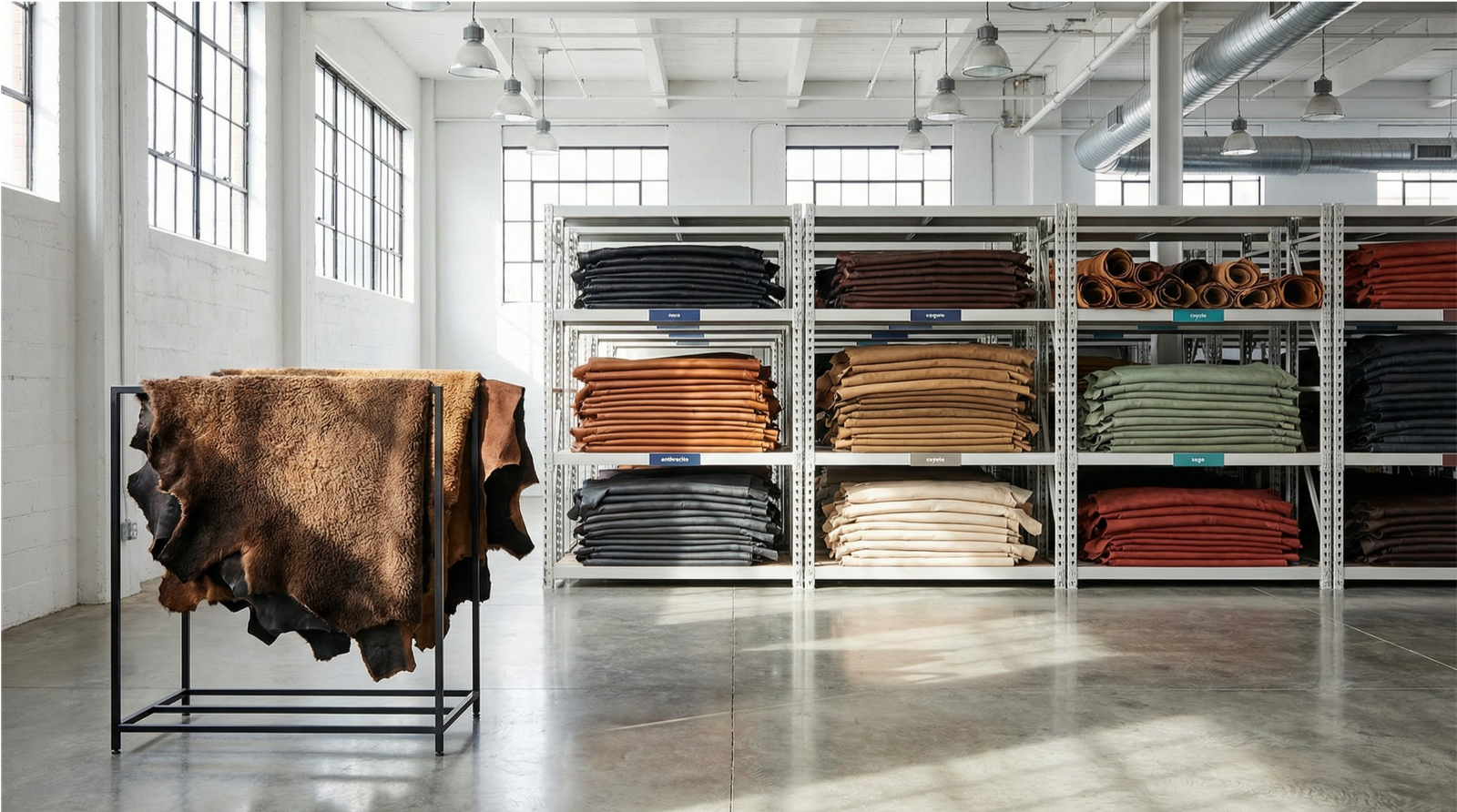 Clean modern tannery warehouse with organized leather hides in rich browns, blacks, and cognac tones on industrial metal shelving — Acadia Leather review