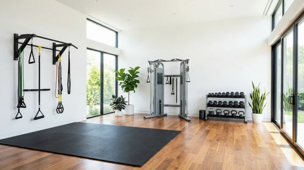 Budget home gym setup with adjustable dumbbells, flat bench, and resistance bands