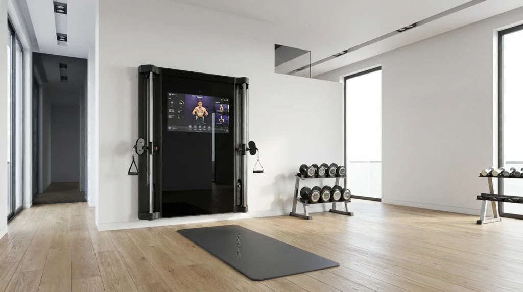 AI-powered smart wall-mounted home gym trainer with guided workout screen