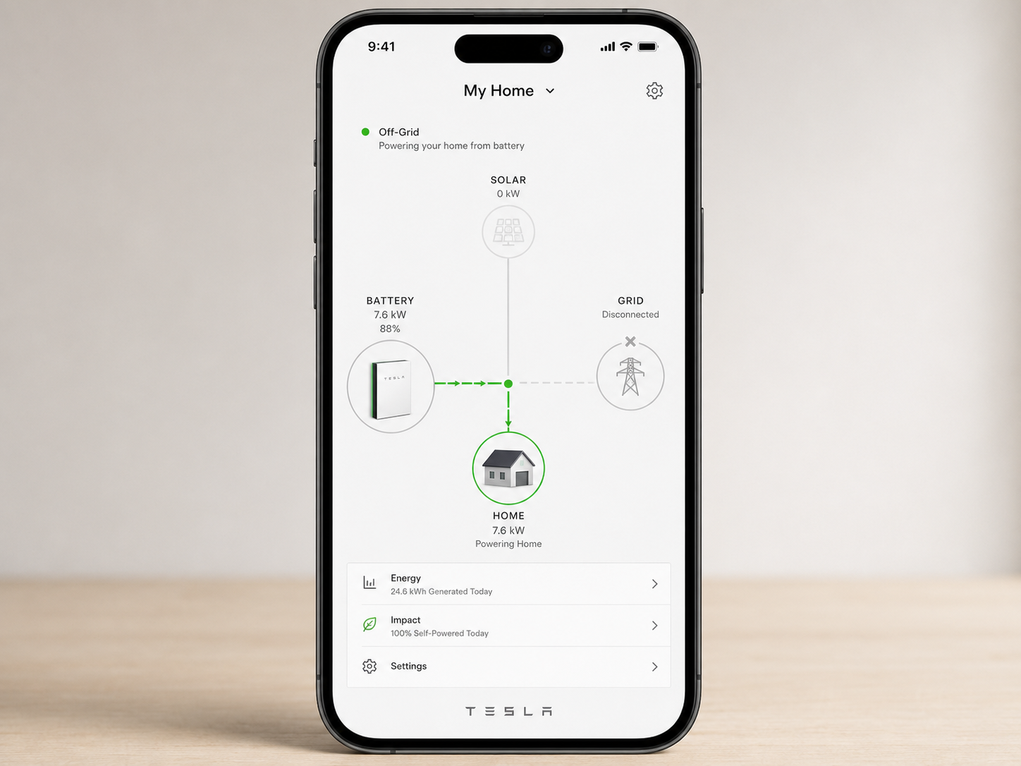 Tesla app power-flow display showing the battery powering the home
