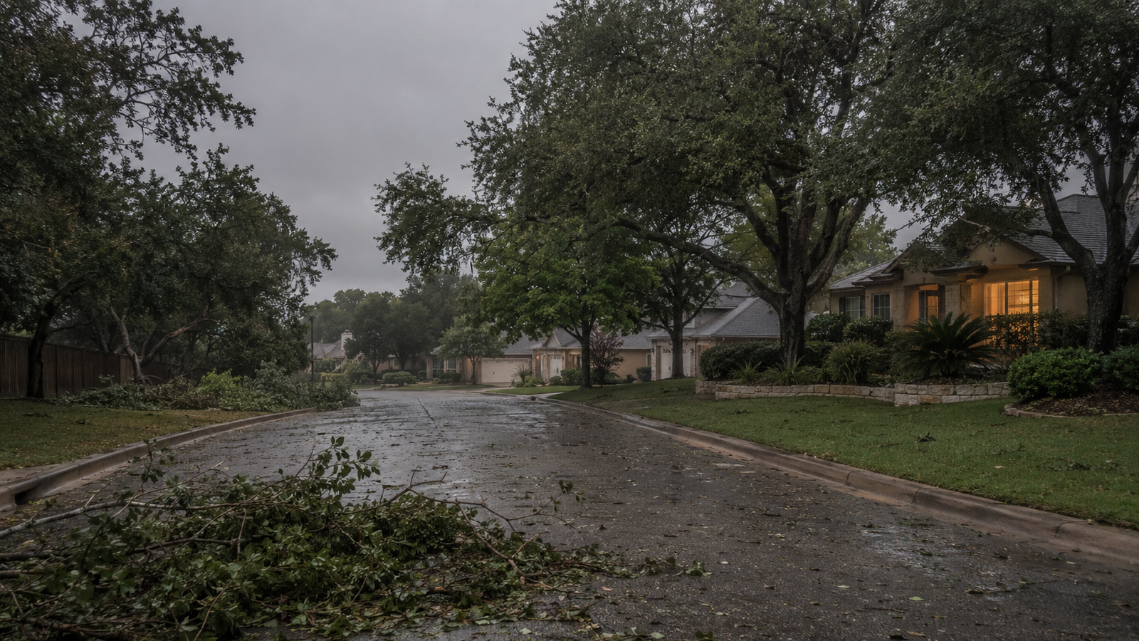 Texas suburban street after Hurricane Beryl with downed tree branches on a wet road and one home glowing with warm interior lights