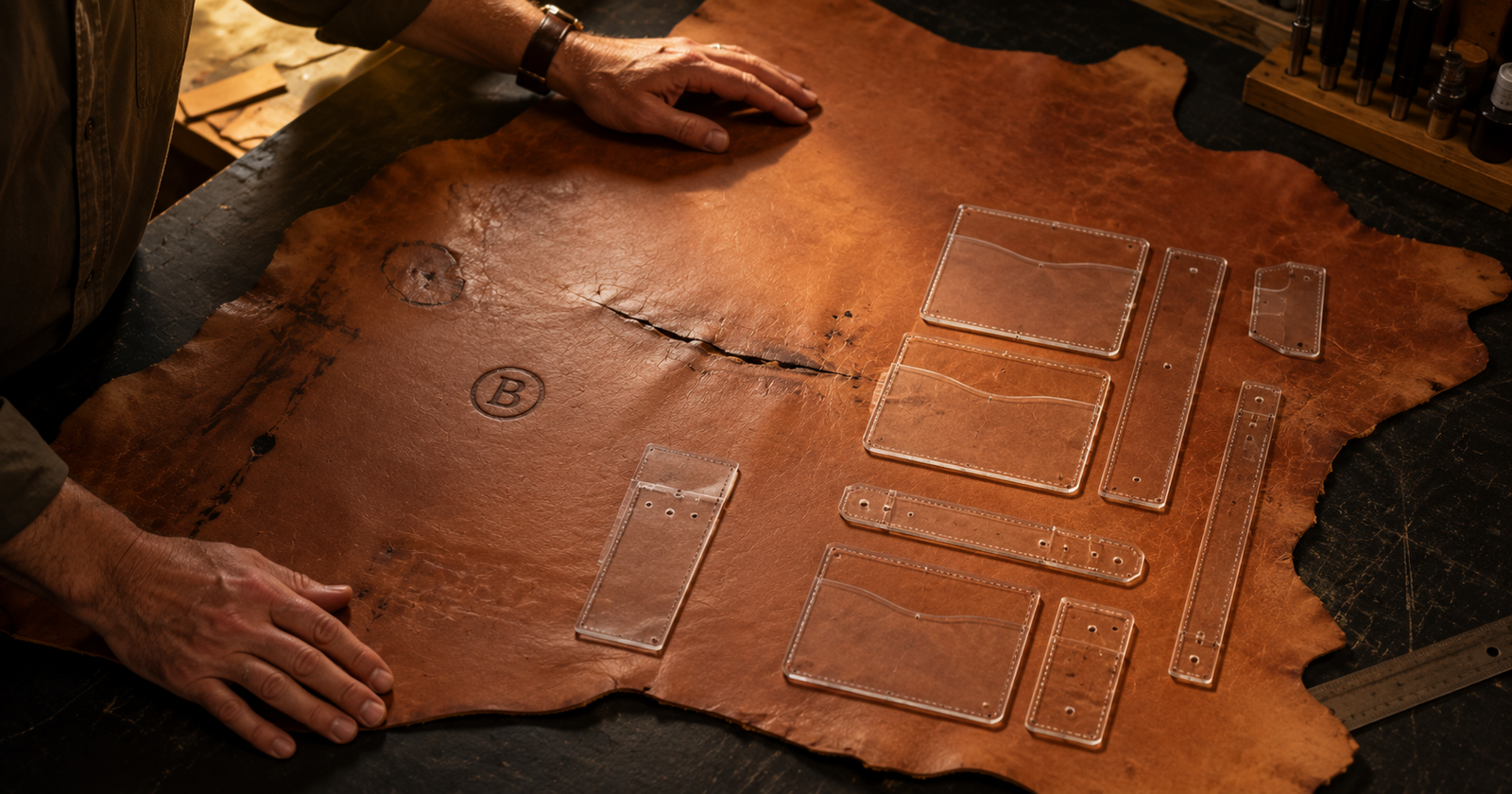 A leatherworker evaluating the best deals on leather by placing acrylic pattern templates on a discounted hide with visible brands and scars on a dark workshop table