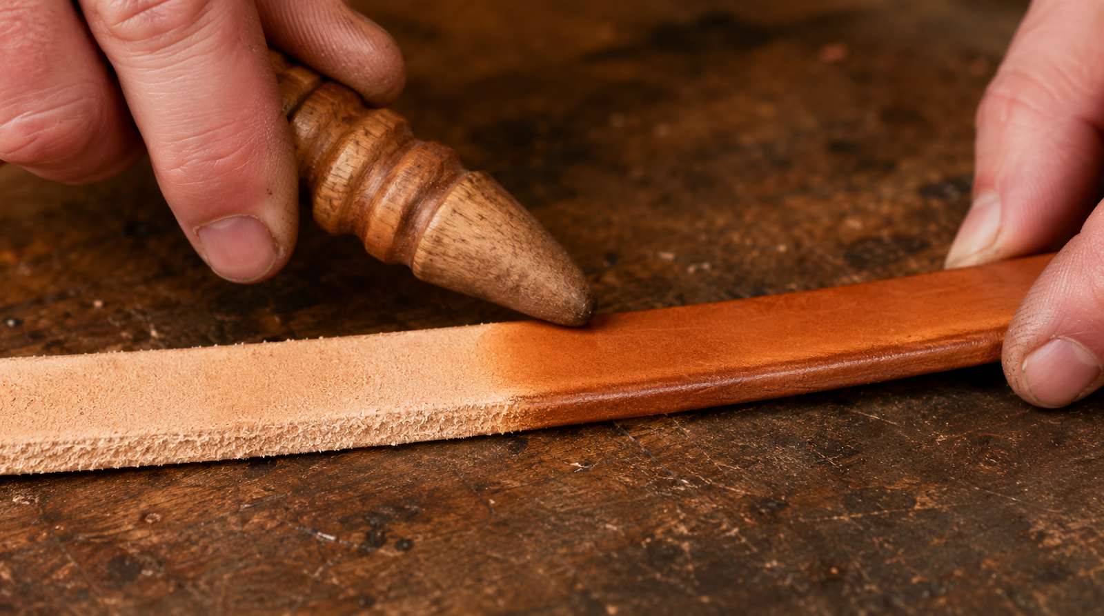 Close-up of a wooden burnishing slicker being pressed against the edge of a natural vegetable-tanned leather strap, showing the edge transitioning from pale and fibrous on one end to darker and polished where the tool has passed