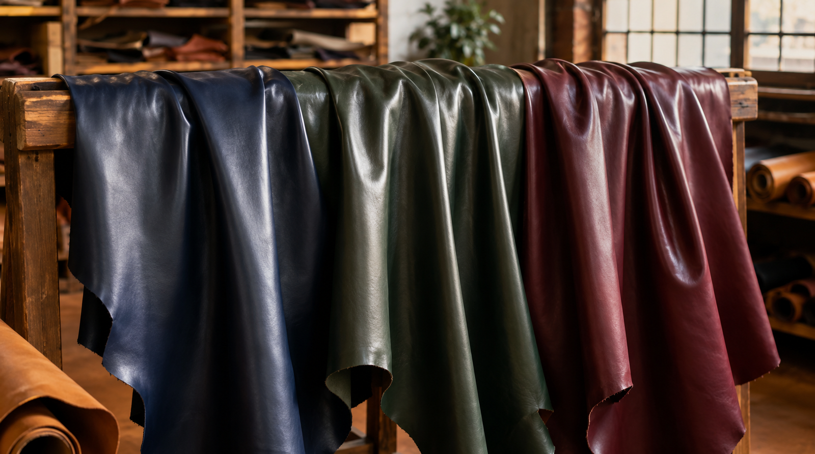 Soft chrome-tanned leather hides in navy, forest green, and burgundy draped over a wooden rack in a leather workshop