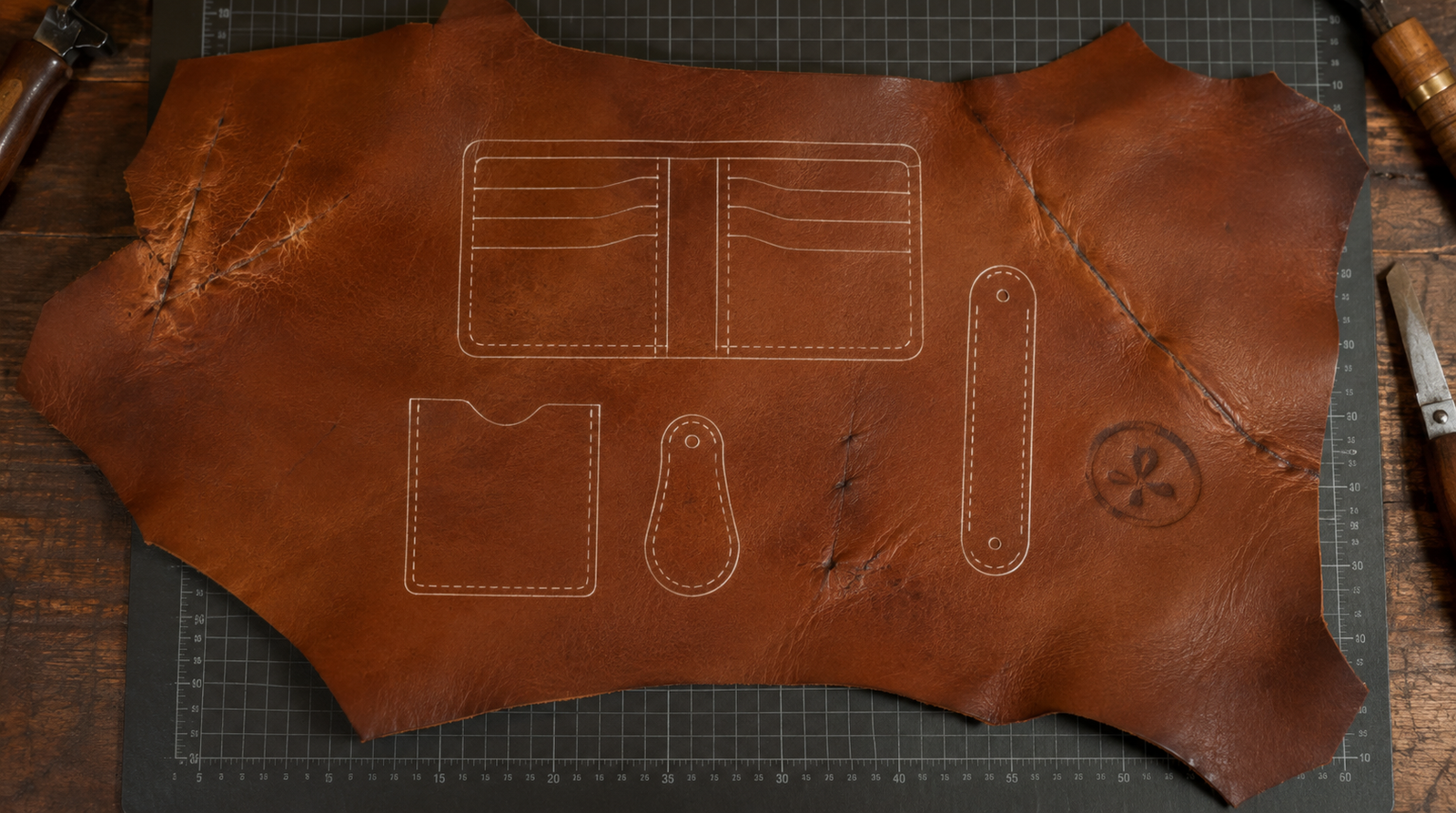 Top-down view of a craft-grade leather hide on a cutting mat with wallet, card pocket, key fob, and strap pattern templates chalked between scars, a brand mark, and surface variation