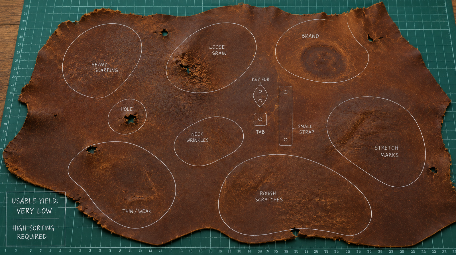 Top-down view of a utility-grade leather hide on a cutting mat with heavy scarring, loose grain, a brand, holes, neck wrinkles, rough scratches, and stretch marks all circled in white, with only a key fob, tab, and small strap fitting between the defects