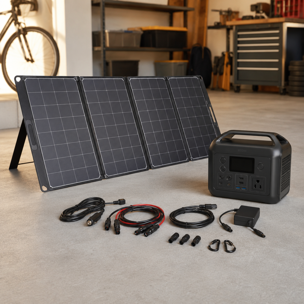 Portable solar kit components laid out in a garage including folding panels, power station, and connection cables