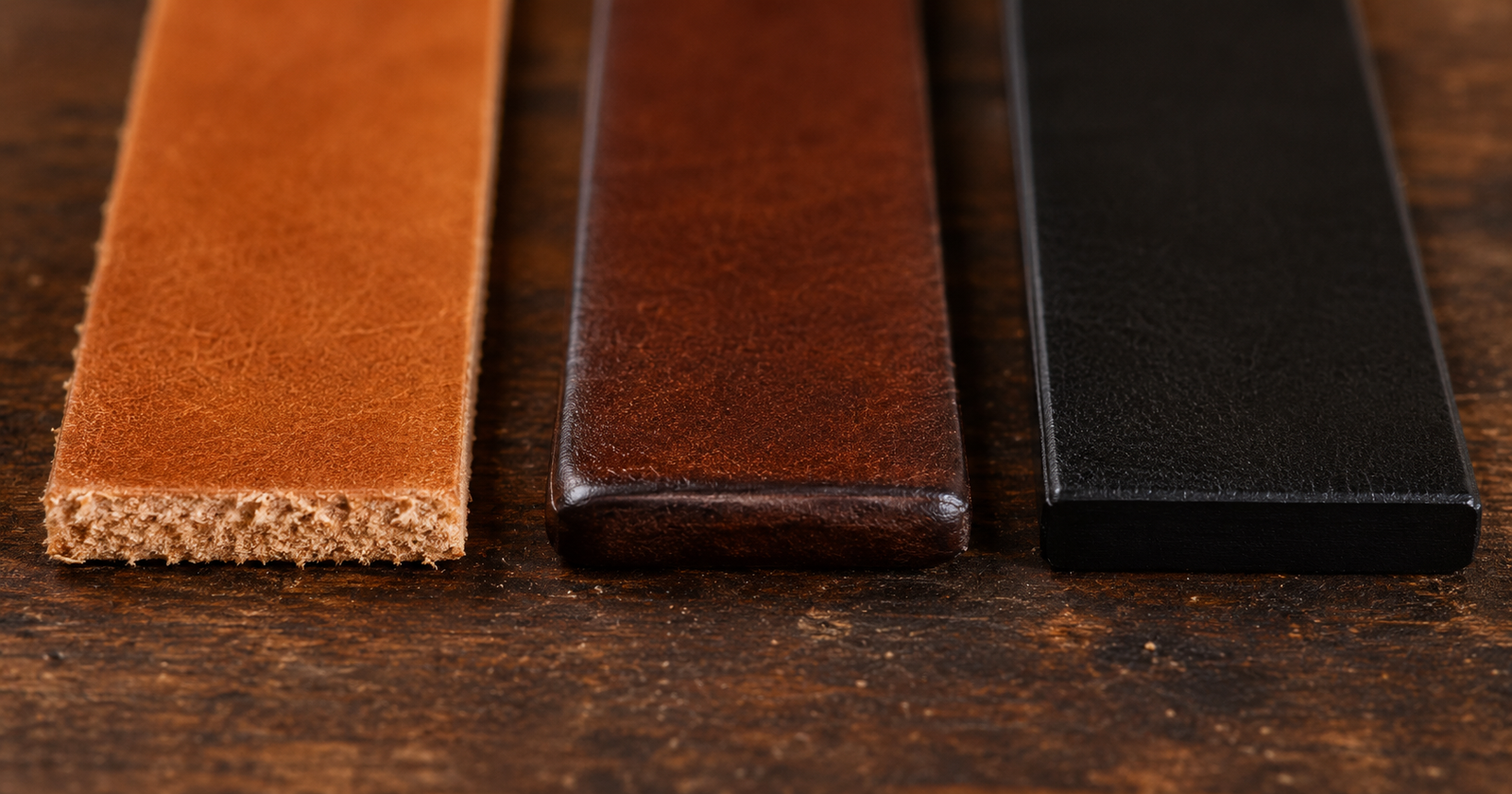 Three leather strips side by side on a dark workbench showing a raw unsanded edge with exposed fibers on the left, a dark polished burnished edge in the center, and a smooth black painted edge on the right