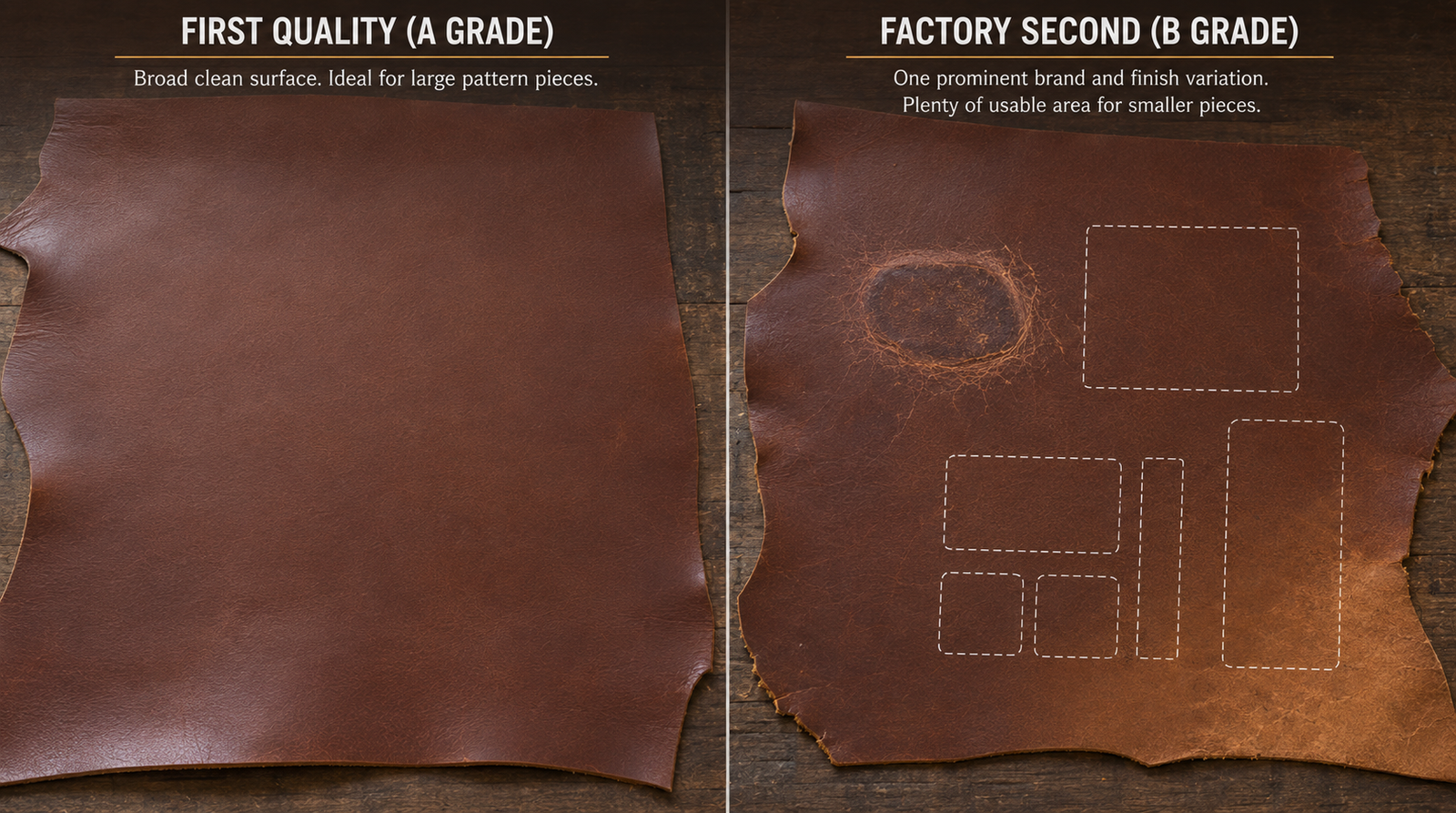 Split view showing a clean first-quality leather panel on the left and a factory second on the right with a prominent brand mark but several usable pattern areas marked with dashed outlines