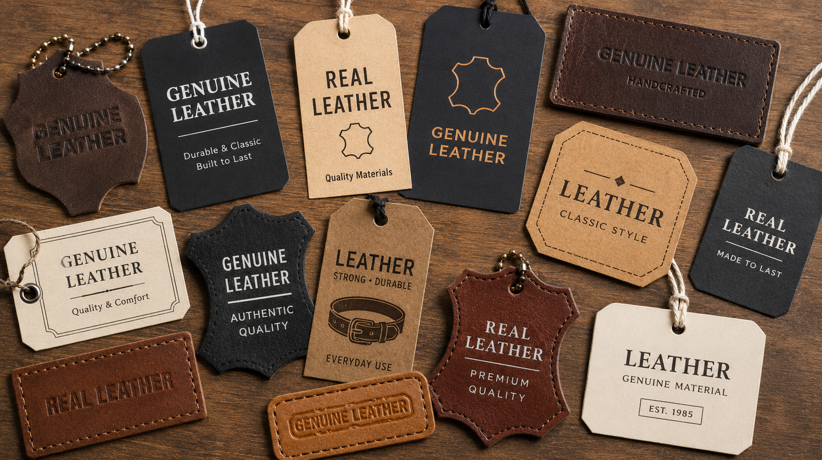 A collection of retail product tags and leather labels spread on a wooden surface, all showing phrases like Genuine Leather, Real Leather, and Leather with vague marketing descriptions