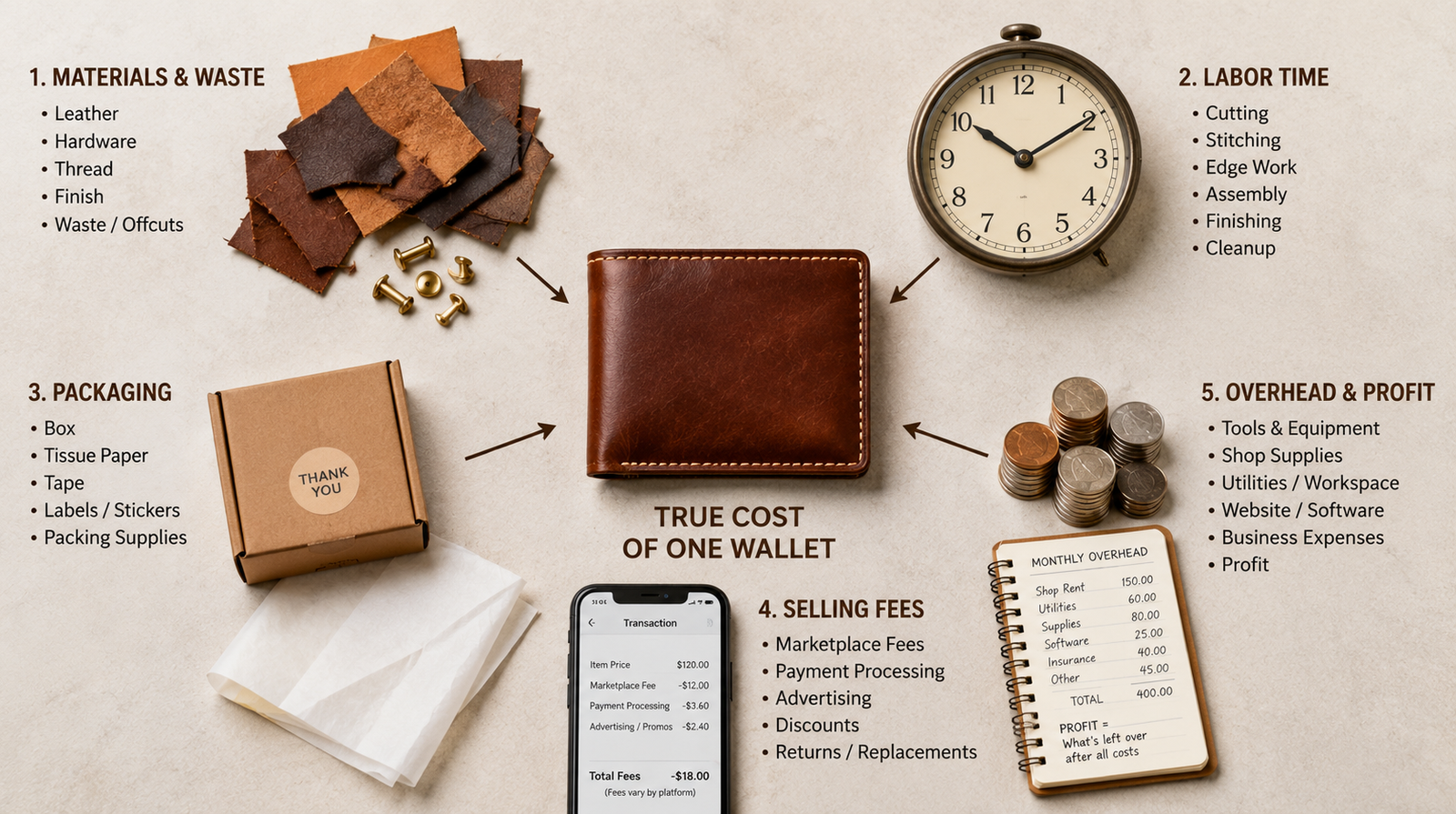 Infographic flat-lay showing the true cost of one leather wallet with five labeled groups surrounding the wallet: leather scraps and brass rivets for materials and waste, an antique clock for labor time, a kraft box and tissue paper for packaging, a smartphone showing a transaction receipt for selling fees, and a stack of coins beside a monthly overhead ledger for overhead and profit