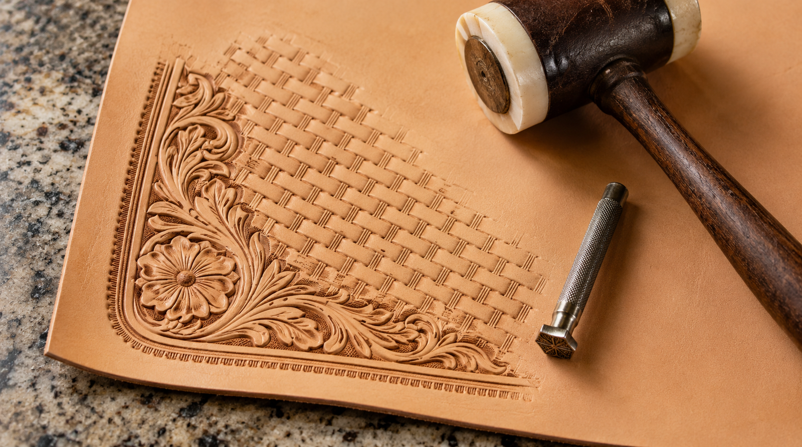 Pale natural vegetable-tanned leather panel on a granite tooling slab with a crisp floral corner carving and partially completed basketweave stamping, with a leather maul and stamping tool resting alongside