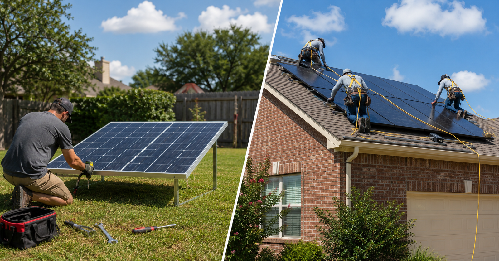 DIY solar in Texas homeowner setting up portable solar panels and a battery power station in a backyard