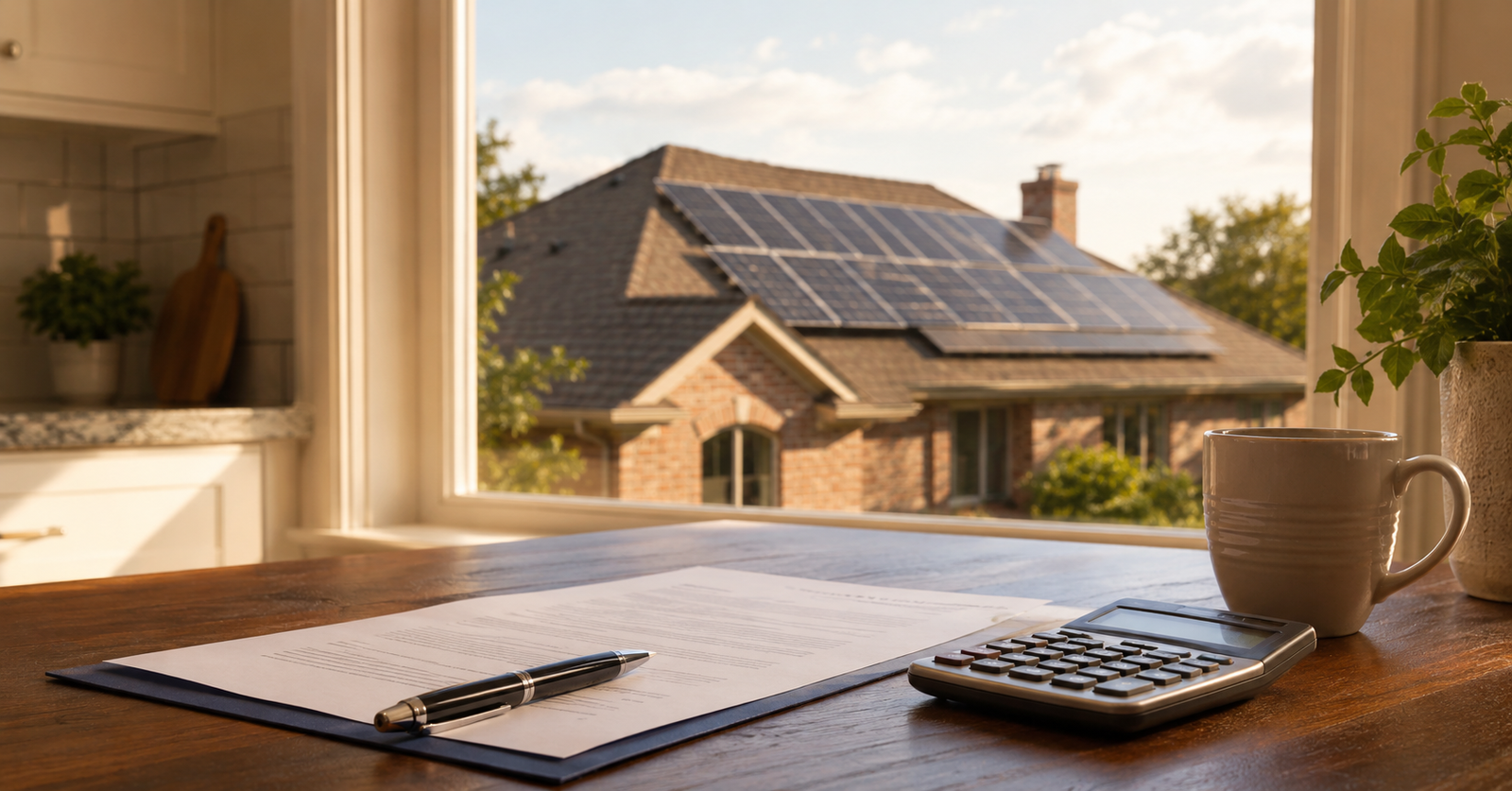 Texas solar financing kitchen table with loan documents calculator and rooftop solar panels visible through window