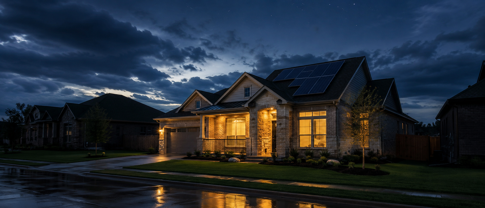 Texas home with rooftop solar panels illuminated at night while the surrounding neighborhood is dark after a storm