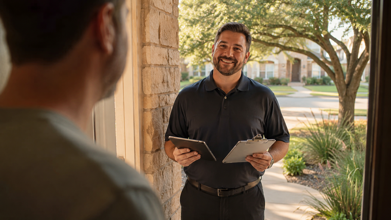 Door-to-door solar salesman speaking with a Texas homeowner