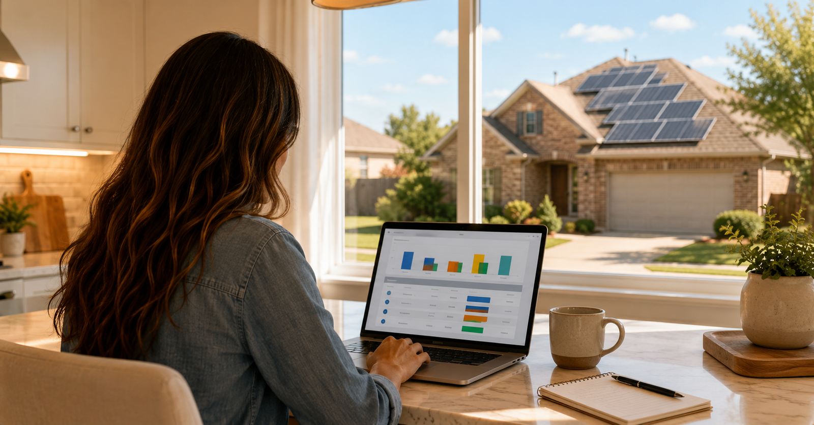 Texas homeowner comparing electricity plans on a laptop with solar panels visible through the window