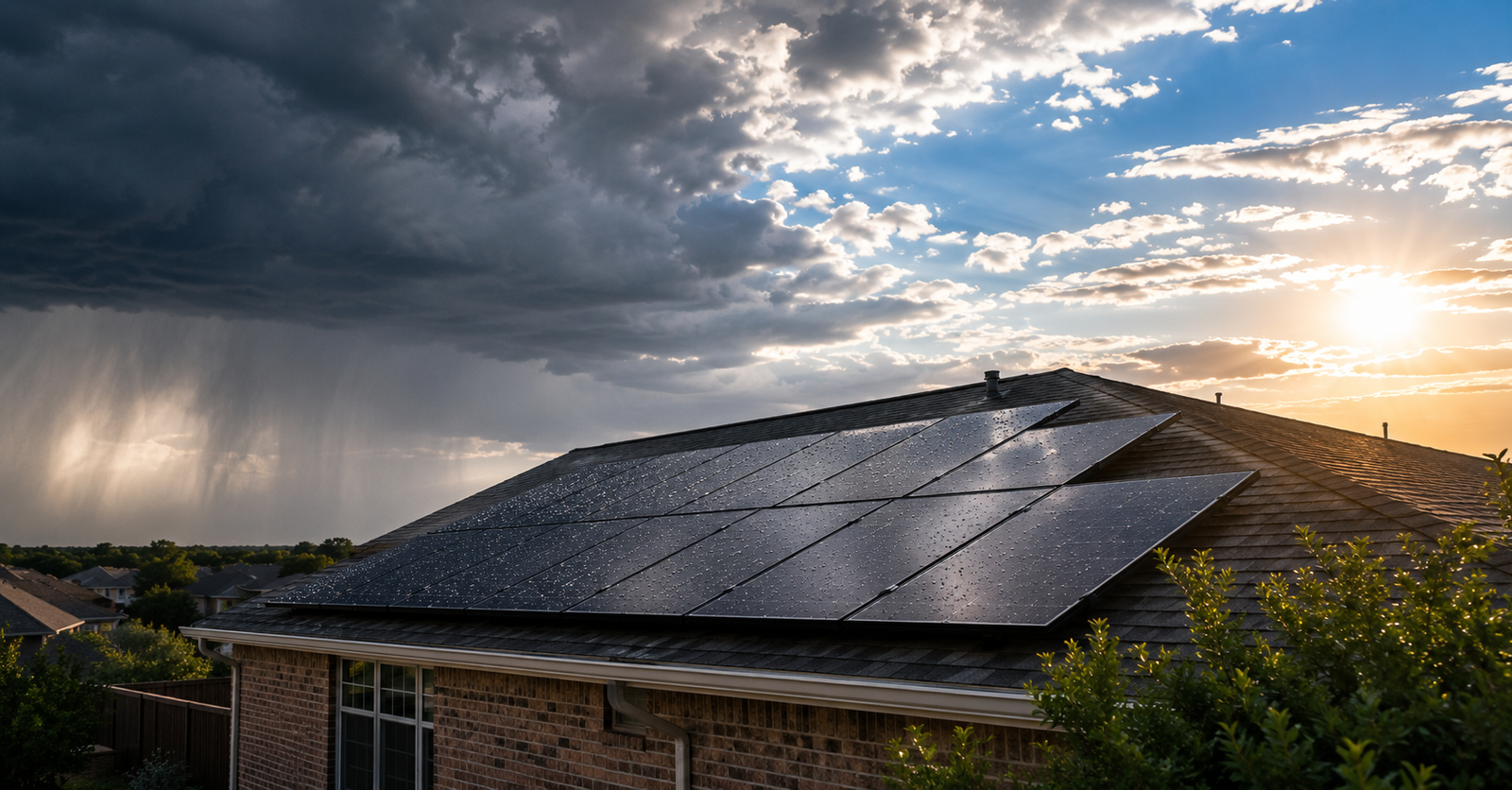 Texas weather and solar panels during a severe hailstorm over a residential rooftop array