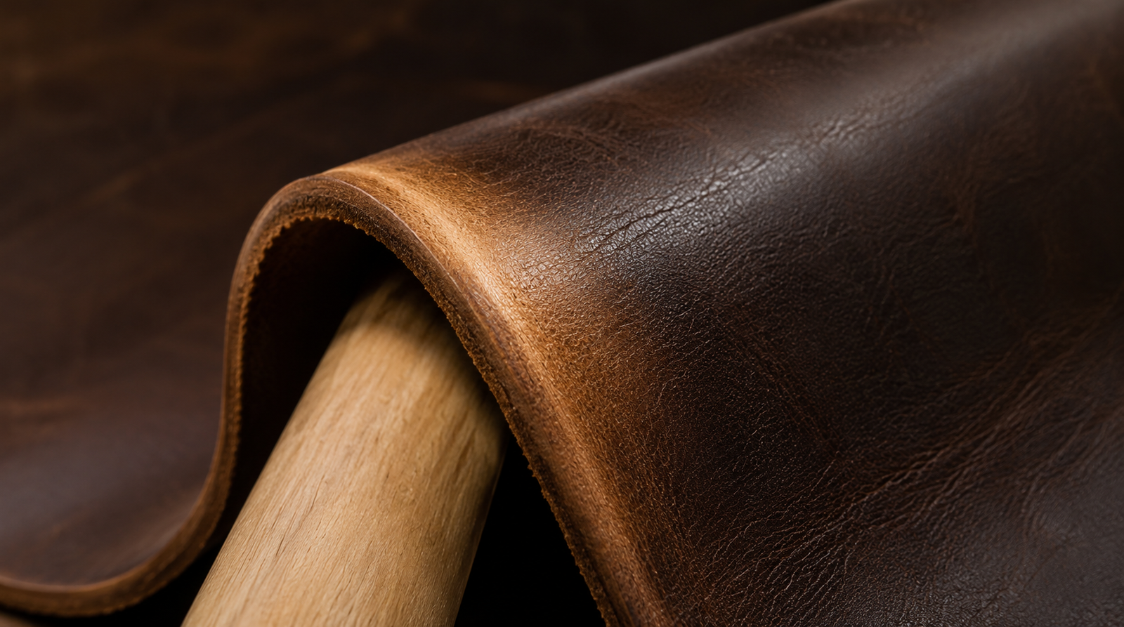Macro close-up of dark brown waxy pull-up leather folded over a wooden dowel showing the pull-up effect where the leather lightens to a warm golden tan at the bend while the flat areas remain dark and rich