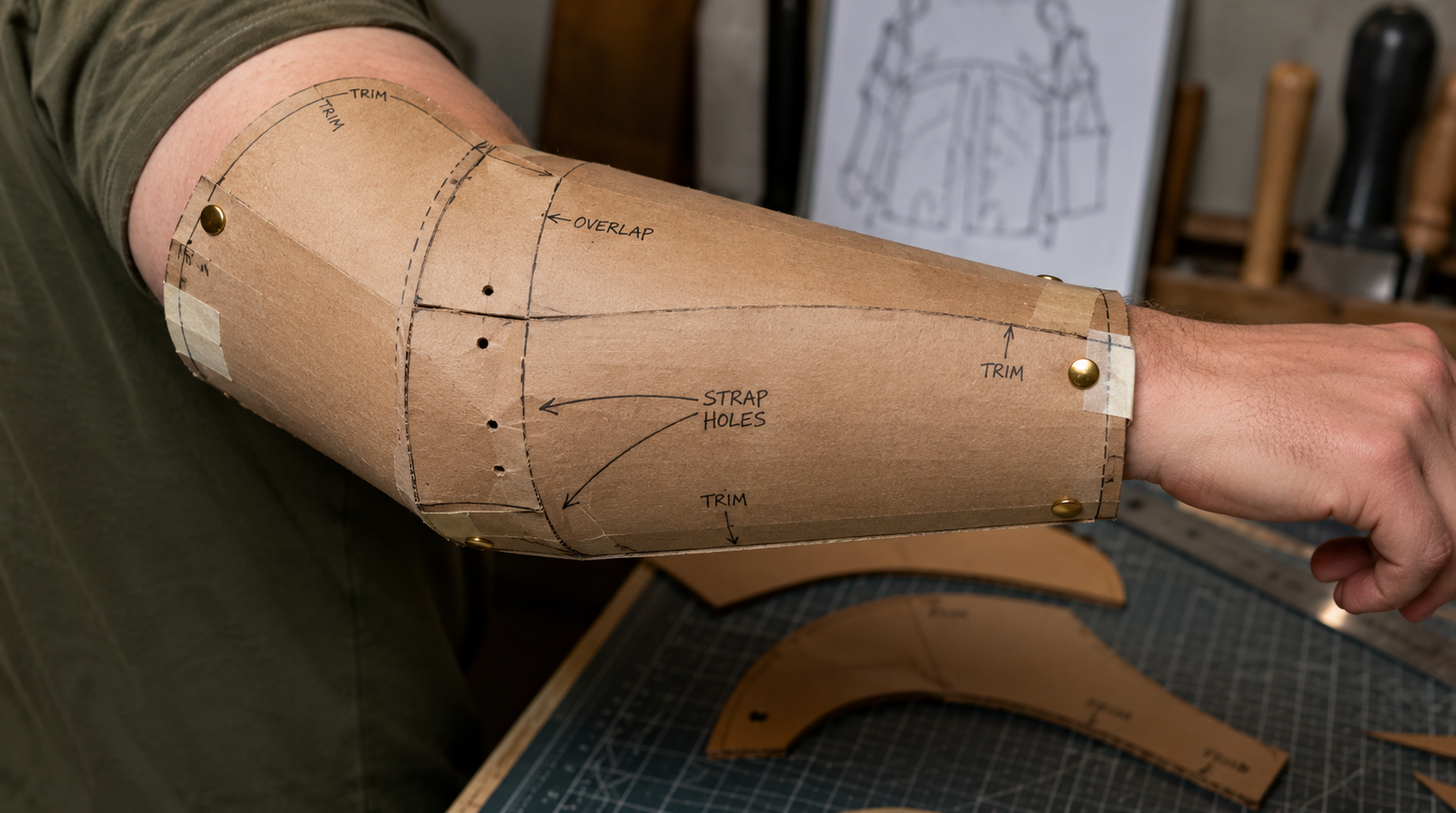 A person wearing a cardboard bracer mock-up on their forearm with pencil annotations marking trim lines, overlap zones, and strap hole locations, with a leather armor sketch visible on a board in the background and leather cutting tools on the bench