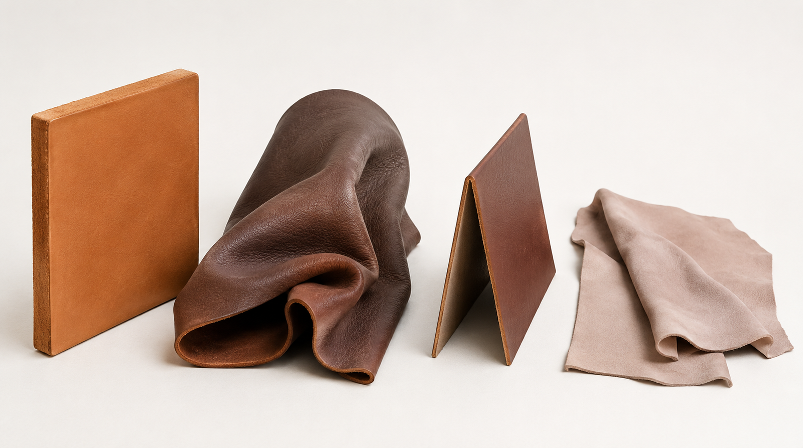 Four leather samples on a white background showing a thick rigid tan vegetable-tanned square standing upright on the left, a thick dark brown floppy leather draped and pooled in the center-left, a thinner firm reddish-brown piece leaning at an angle in the center-right, and a thin soft taupe garment leather draped loosely on the right
