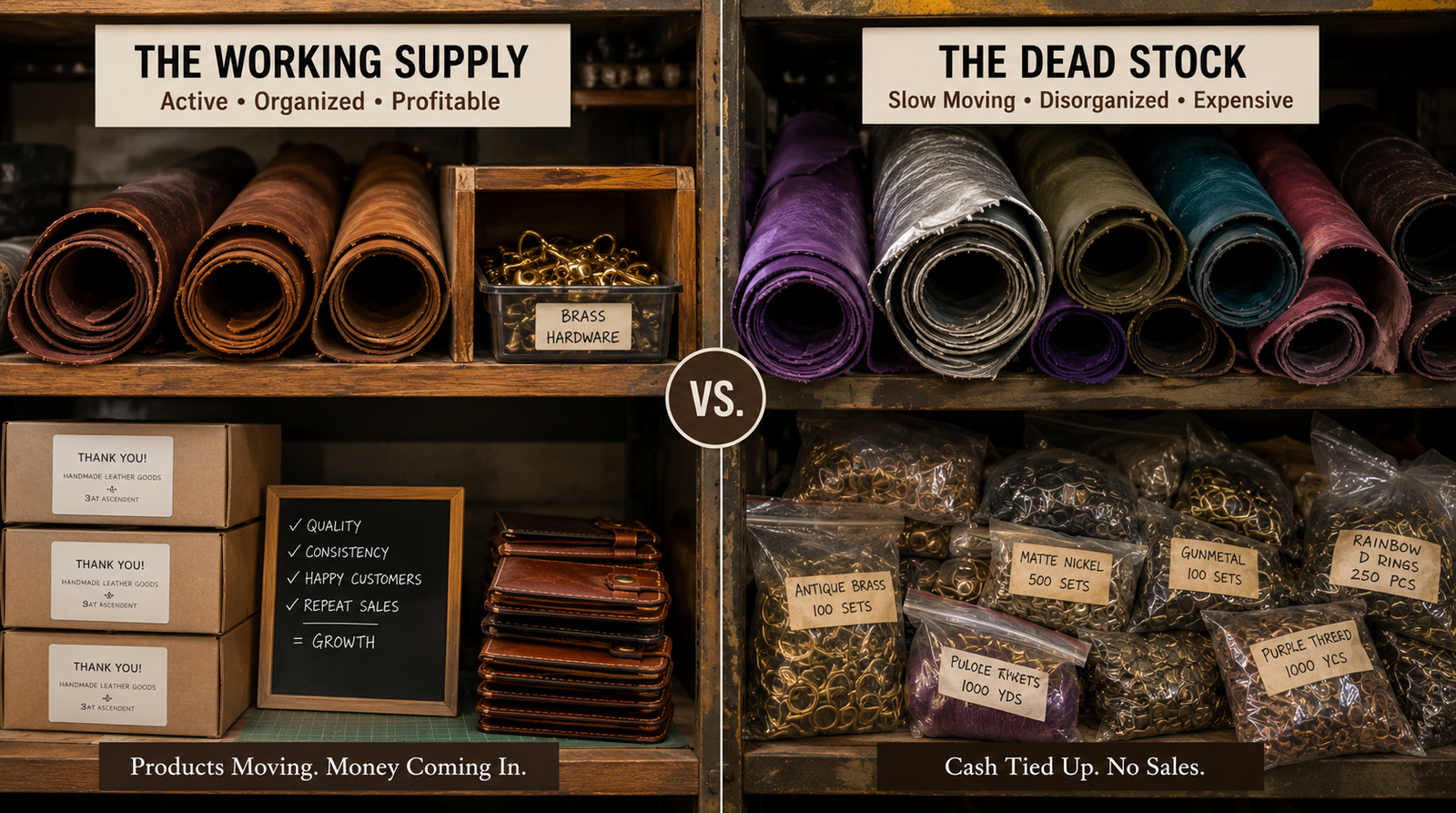 Split-screen comparison of two workshop shelves showing The Working Supply on the left with organized rolls of brown leather, a labeled bin of brass hardware, stacked Thank You shipping boxes, and finished wallets, versus The Dead Stock on the right with crowded rolls of unsold purple, silver, and teal leather and large unopened bags of assorted hardware labeled with quantities