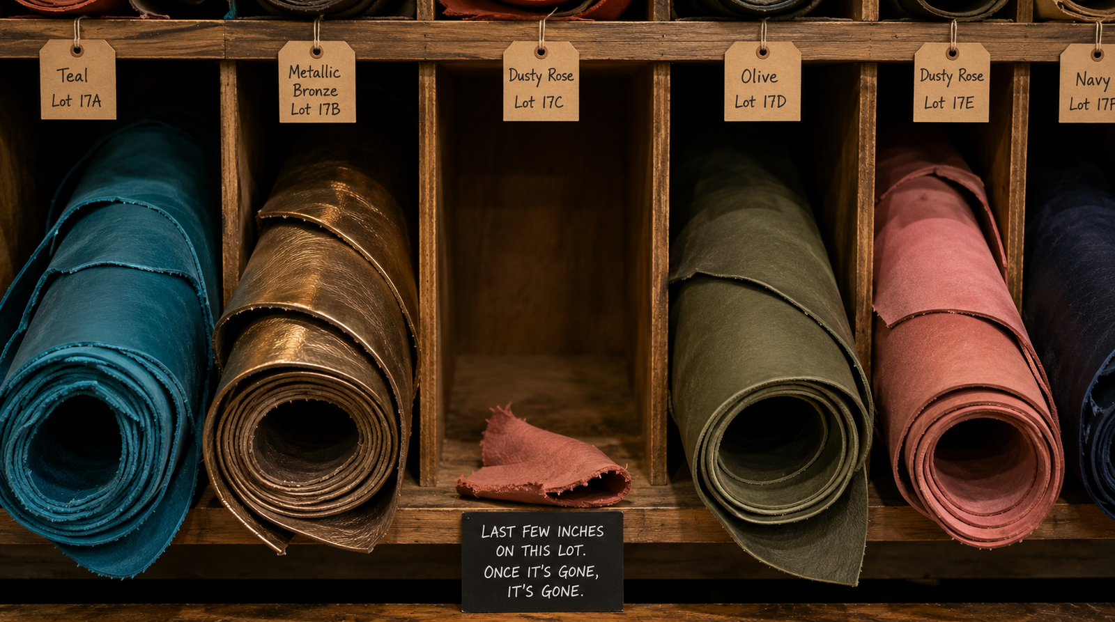 A wooden storage rack holding rolled leather hides in discontinued colors including teal, metallic bronze, olive, dusty rose, and navy each labeled with lot numbers, with one empty center slot containing only a small scrap and a sign reading Last Few Inches on This Lot Once It Is Gone It Is Gone
