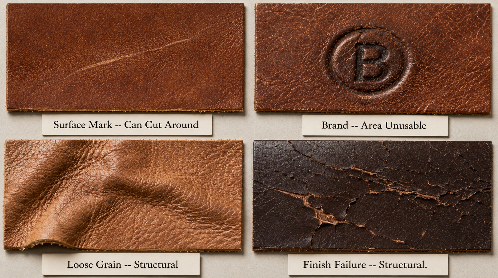 Four leather samples in a two-by-two grid showing a faint surface scratch labeled Surface Mark Can Cut Around, a deep circular brand labeled Brand Area Unusable, wrinkled spongy loose grain labeled Loose Grain Structural, and severely cracked dark leather labeled Finish Failure Structural