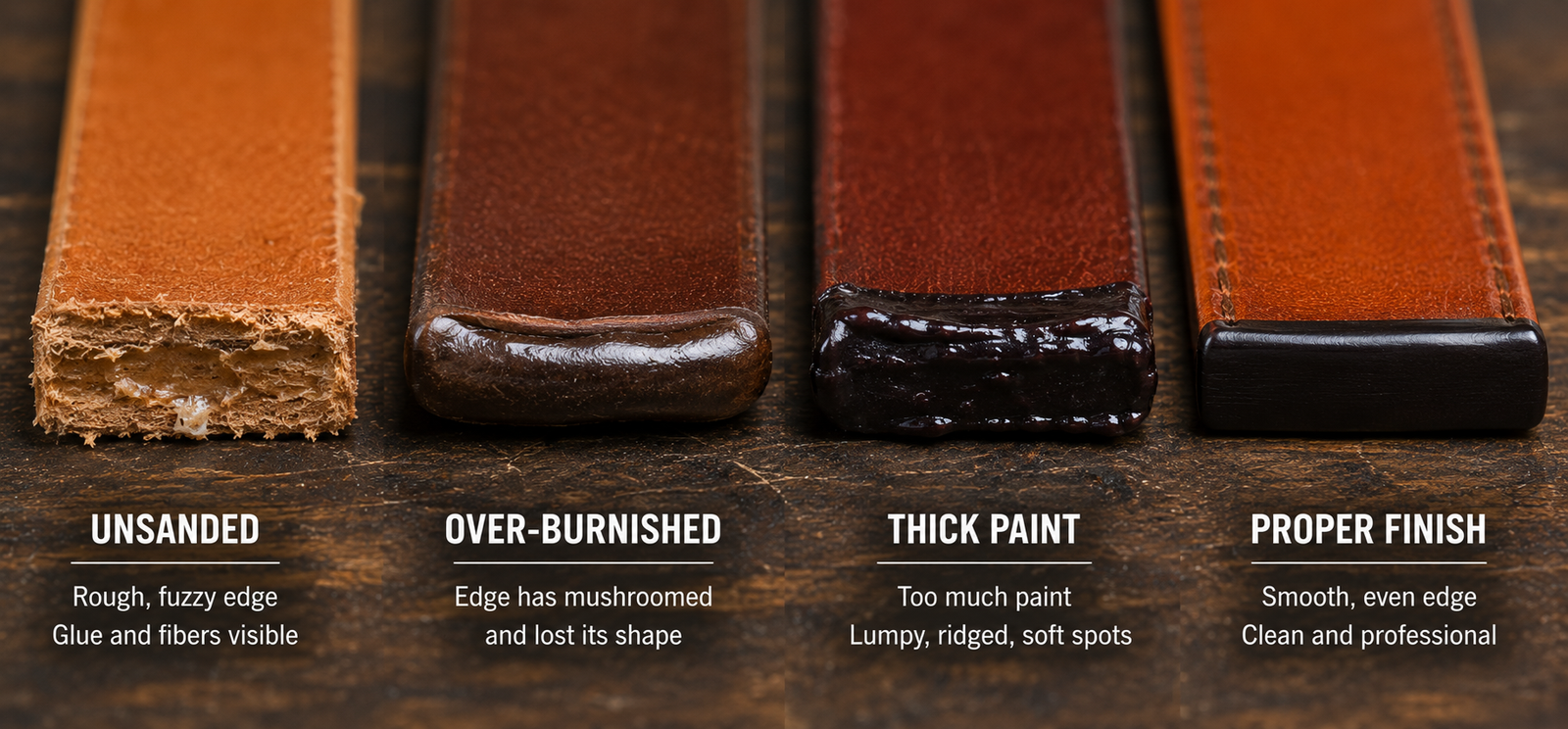 Four leather strips side by side showing common edge-finishing mistakes and the correct result: unsanded with rough fibers and glue visible, over-burnished with a mushroomed deformed edge, thick paint coat with lumpy ridges and soft spots, and a properly finished smooth clean edge