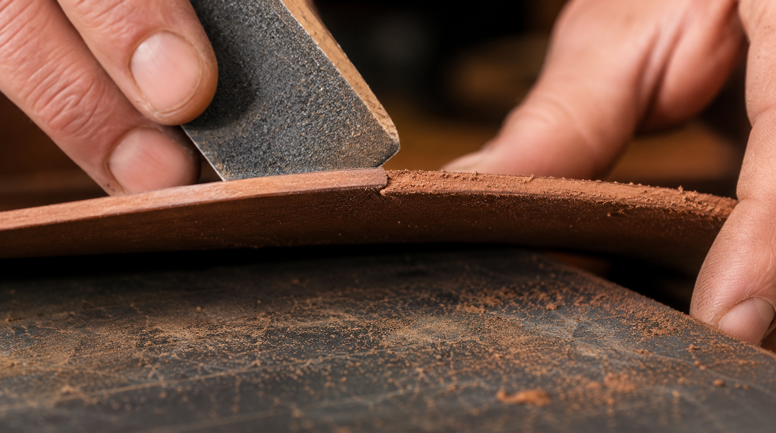 Close-up of a leatherworker's hands using a sandpaper block to sand the edge of a curved leather piece flush, with leather dust visible on the workbench surface