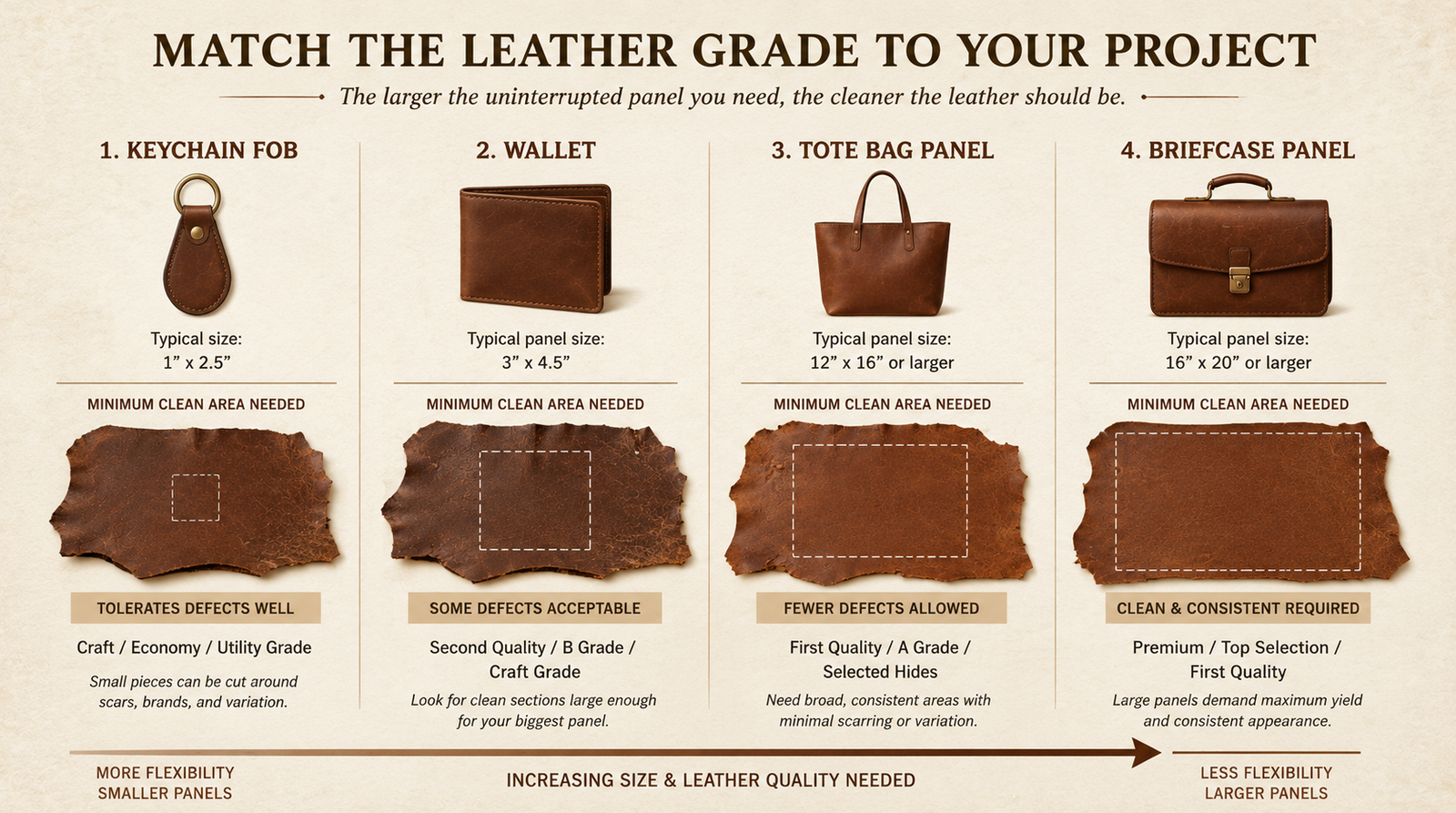 Infographic chart matching four project types to leather grades: keychain fob tolerating defects with craft or utility grade, wallet accepting some defects with second quality or B grade, tote bag panel needing fewer defects with first quality or A grade, and briefcase panel requiring clean and consistent premium leather