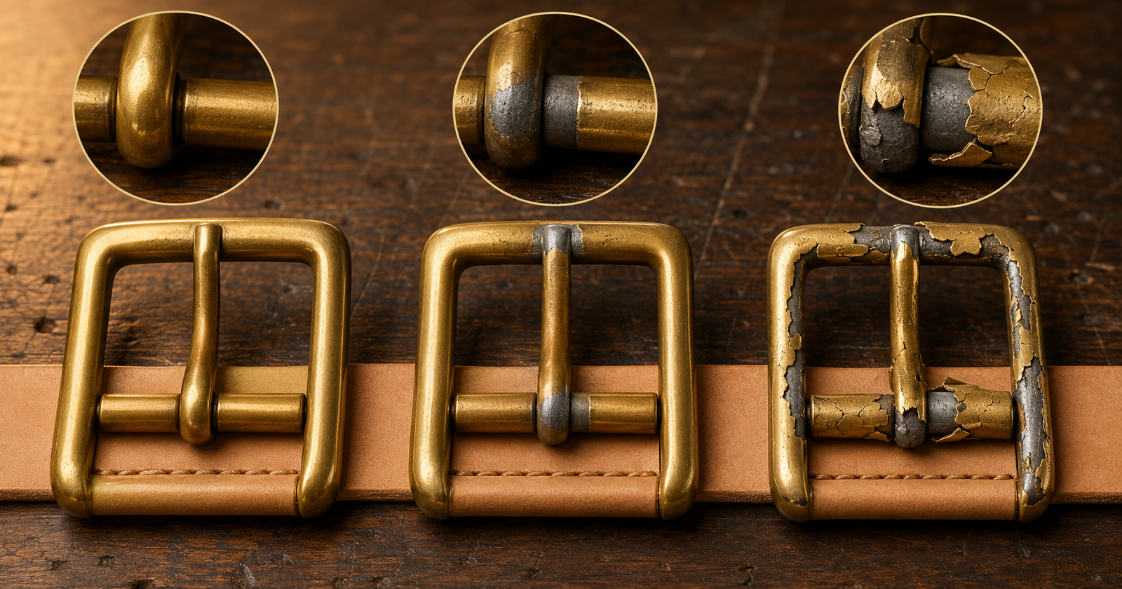 Three center-bar belt buckles side by side on a dark wood workbench with circular magnified insets above each one showing solid brass aging cleanly on the left, brass plating worn through to gray in the center, and brass coating cracking and flaking off on the right